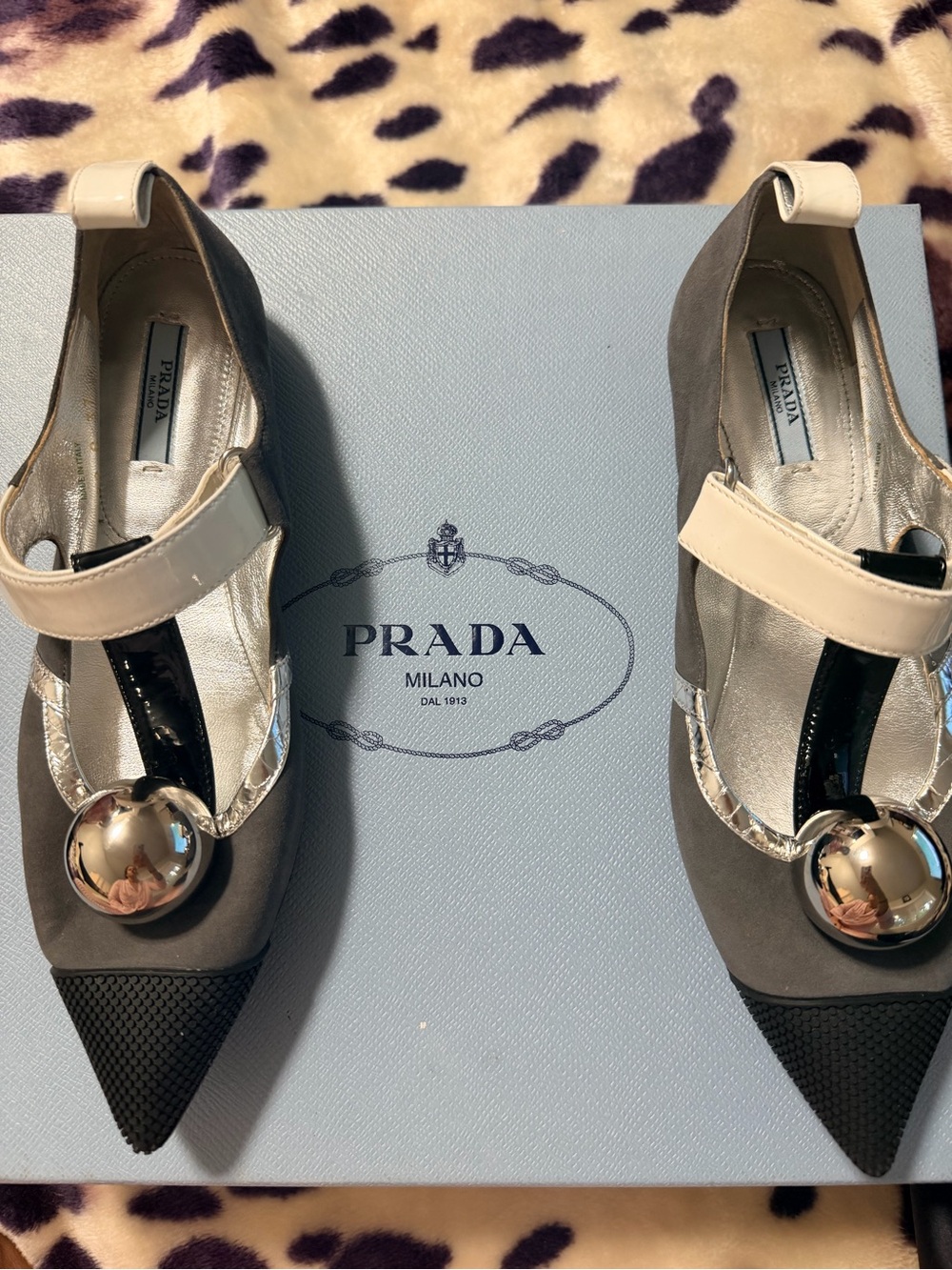 Prada Gray Pointed-Toe Mary Janes with Cream Strap and Silver Ball